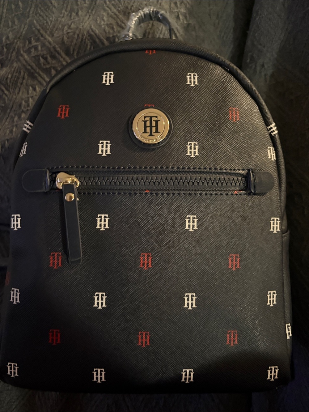 Tommy Hilfiger Black Mini Backpack with Red & White TH Monogram